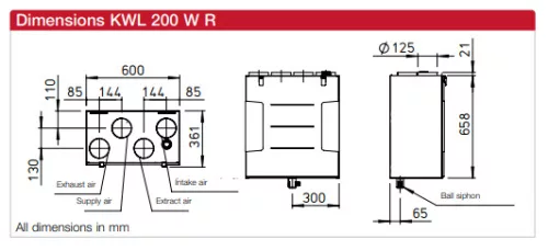 HELIOS KWL 250 W: Hővisszanyerős központi szellőző, easyControls 3.0 szabályzás, EC motor, fali kivitel, Bypass,választható frisslevegő csonk, ~1 fázis, 230V