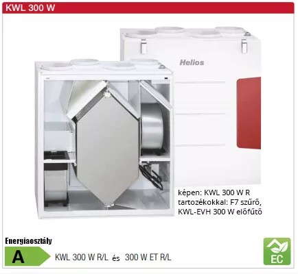 HELIOS KWL 300 W ET L: Hővisszanyerős központi szellőző, easyControls 3.0 szabályzás, EC motor, fali kivitel, Bypass, enthalpia hőcserélő, baloldali frisslev.csonk
