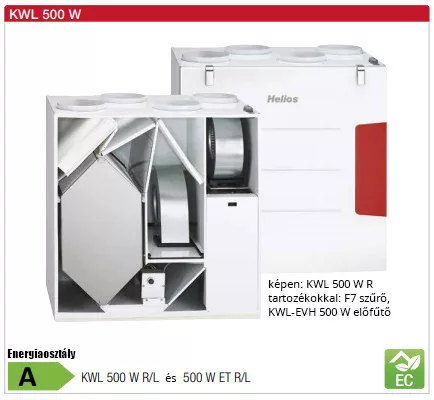 HELIOS KWL 500 W ET L: Hővisszanyerős központi szellőző, easyControls 3.0 szabályzás, EC motor, fali kivitel, Bypass, enthalpia hőcserélő, baloldali frisslev.csonk