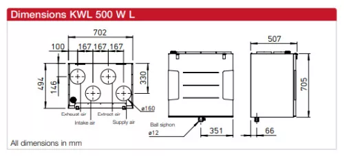 HELIOS KWL 500 W ET L: Hővisszanyerős központi szellőző, easyControls 3.0 szabályzás, EC motor, fali kivitel, Bypass, enthalpia hőcserélő, baloldali frisslev.csonk