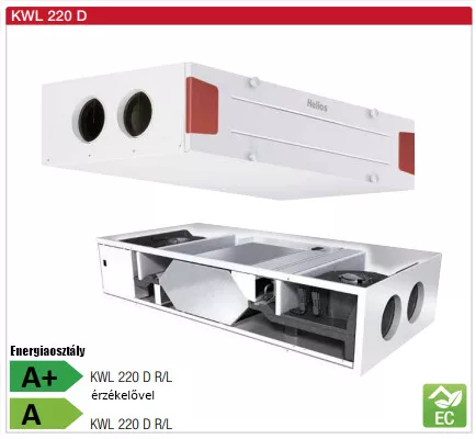 HELIOS KWL 220 D L: Hővisszanyerős központi szellőző, easyControls 3.0 szabályzás, EC motor, mennyezeti kivitel, Bypass, ~1 fázis, 230V