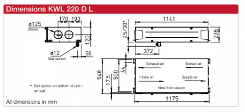 HELIOS KWL 220 D L: Hővisszanyerős központi szellőző, easyControls 3.0 szabályzás, EC motor, mennyezeti kivitel, Bypass, ~1 fázis, 230V