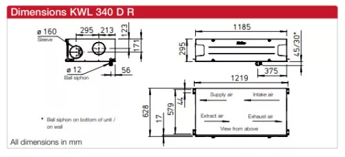 HELIOS KWL 340 D R: Hővisszanyerős központi szellőző, easyControls 3.0 szabályzás, EC motor, mennyezeti kivitel, Bypass, ~1 fázis, 230V