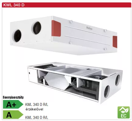 HELIOS KWL 340 D L: Hővisszanyerős központi szellőző, easyControls 3.0 szabályzás, EC motor, mennyezeti kivitel, Bypass, ~1 fázis, 230V