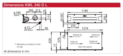 HELIOS KWL 340 D L: Hővisszanyerős központi szellőző, easyControls 3.0 szabályzás, EC motor, mennyezeti kivitel, Bypass, ~1 fázis, 230V