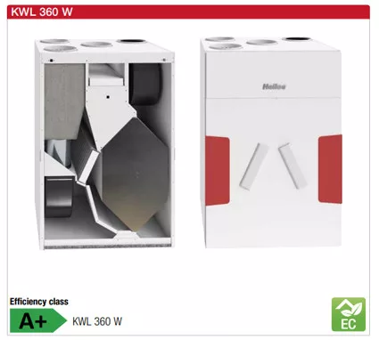 HELIOS KWL 360 W ET: Enthalpia hőcserélős központi szellőző, easyControls 3.0 szabályzás, EC motor, fali kivitel, Bypass,választható csonkállás, ~1 fázis, 230V