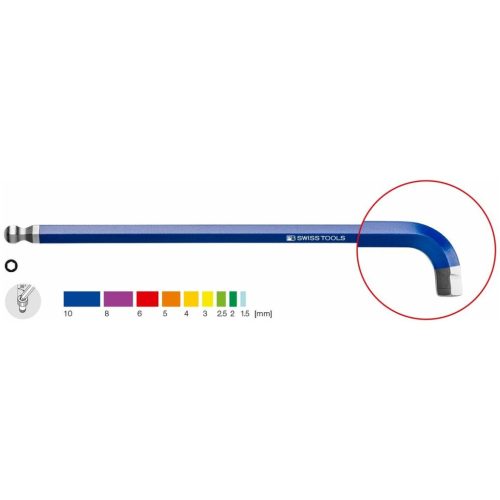 PB Swiss Tools Hajlított hatszögkulcs 90°– 100°, hosszú, gömbvégű fejjel és rövid szárral Porszórt bevonattal 10 mm