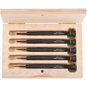   Órás csavarhúzó készlet, 5 darabos műanyag markolattal fa dobozban 5