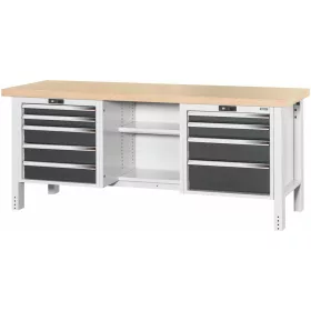   Munkapad, bal oldalon 5 fiók, középső rész nyitott, jobb oldalon 4 fiók, bükk-multiplex munkalap 2000 mm