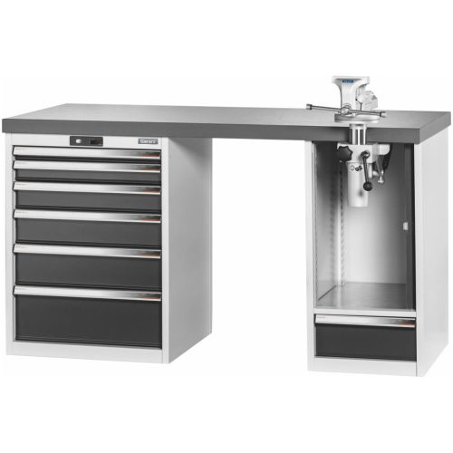 Garant GridLine Vario munkapad 2 házzal, billentő-magasságállítóval, magasság 850 mm, sötét Eluplan munkalap 1500/6+1T mm