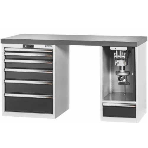 Garant GridLine Vario munkapad 2 házzal, billentő-magasságállítóval, magasság 850 mm, sötét Eluplan munkalap 1500/6+1T mm