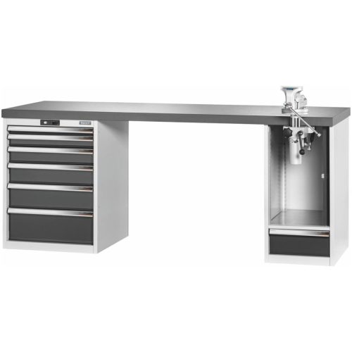Garant GridLine Vario munkapad 2 házzal, billentő-magasságállítóval, magasság 850 mm, sötét Eluplan munkalap 2000/6+1T mm