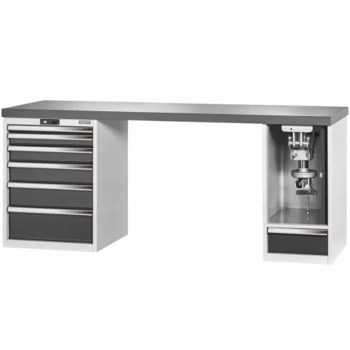 Garant GridLine Vario munkapad 2 házzal, billentő-magasságállítóval, magasság 850 mm, sötét Eluplan munkalap 2000/6+1T mm