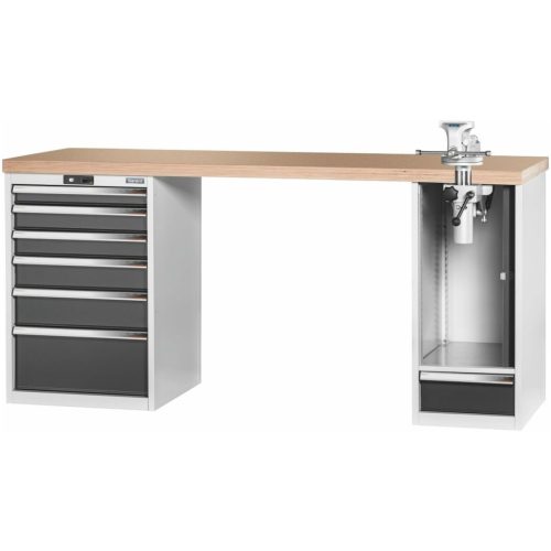 Garant GridLine Vario munkapad 2 házzal, billentő-magasságállítóval, magasság 950 mm, bükk-multiplex munkalap 2000/6+1T mm