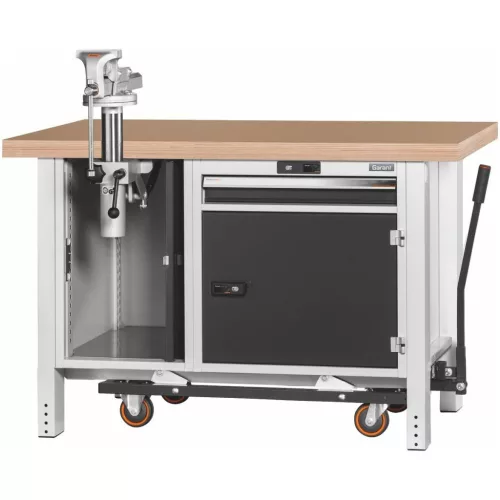 Munkapad futóművel, magasságállítóval és satuval, bükk-multiplex munkalappal 1250 mm