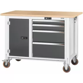   Munkapad, gurítható, bal oldalon ajtó, jobb oldalon 4 fiók, bükk-multiplex munkalap 1250 mm