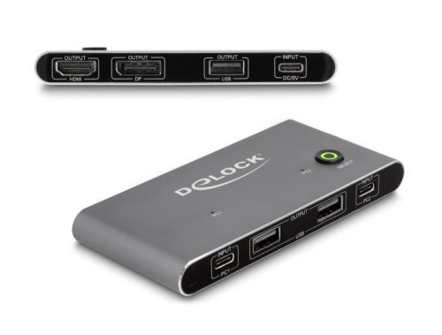 Delock USB-C -s KVM kapcsoló HDMI és DisplayPort-hoz 8K MST USB 2.0 csatlakozó felülettel