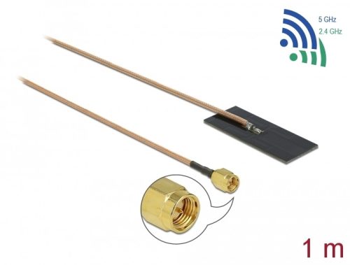 Delock WLAN 802.11 ac/ax/a/h/b/g/n Antenna, SMA csatlakozódugó, 0,5 - 1,2 dBi, RG-178 1 m-es NYÁK-la