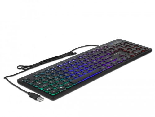 Delock NÉMET USB csatlakozós, 1,5 m hosszú vezetékes klaviatúra RGB megvilágítással