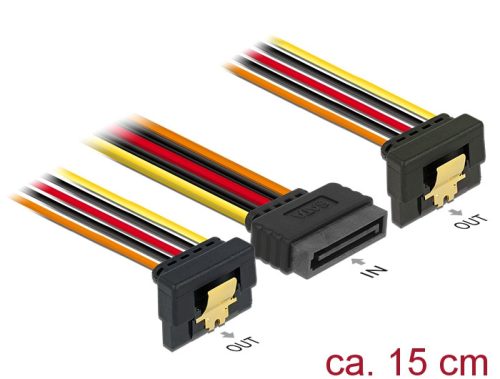 Delock 15 pin-es SATA kábel bemeneti zár funkcióval > 2 db 15 pin-es SATA tápcsatlakozó kimeneti 15