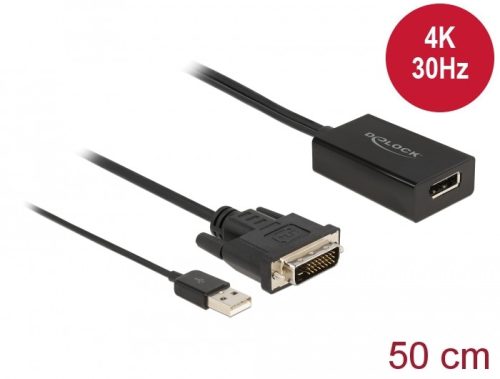 Delock Adapter DVI-dugós csatlakozó > DisplayPort 1.2-csatlakozóhüvely fekete 4K-hez HDR funkcióval