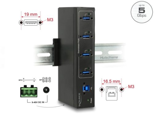 Delock Külso ipari hub 4 x USB 3.0 A-típusú 15 kV ESD védelemmel