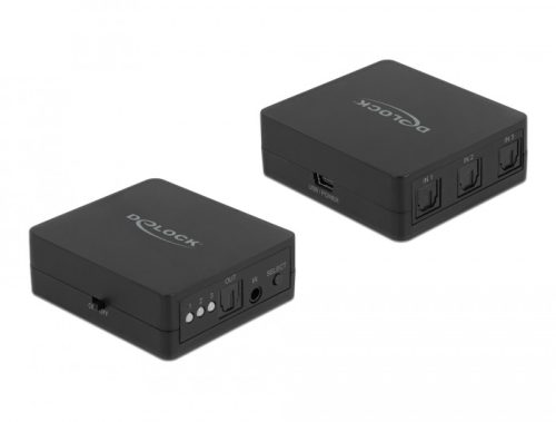 Delock S/PDIF TOSLINK kapcsoló 3 bemenettel és 1 kimenettel infrasugaras távkapcsolóval és USB Tápellátással