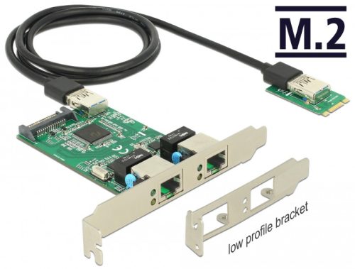 Delock Átalakító, M.2 aljzat B+M nyílással, csatlakozódugó > 2 x Gigabit LAN   alacsony profilú form