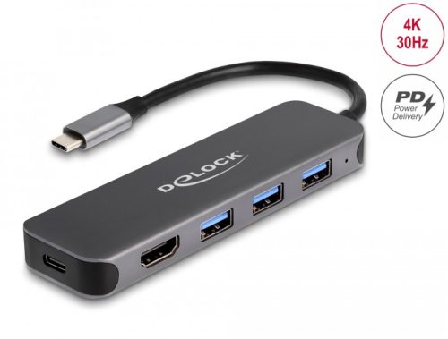 Delock 3 portos USB Hub és 4K HDMI kimenet USB Type-C  csatlakozóval és PD 85 Watt