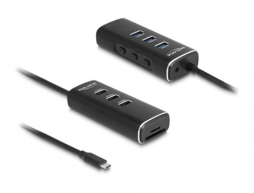 Delock 3 portos USB 10 Gbps hub, SD és Micro-SD kártyaolvasóval USB Type-C , 60 cm hosszú kábellel és portokhoz tartozó 