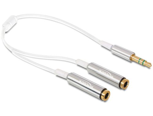 Delock kábel, audio sztereo jack apa, 3.5 mm > 2 x sztereo jack anya, 25 cm, fehér