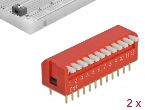 Delock DIP billenő kapcsoló halk 12 állású 2,54 mm távolság THT hosszanti piros 2 darab