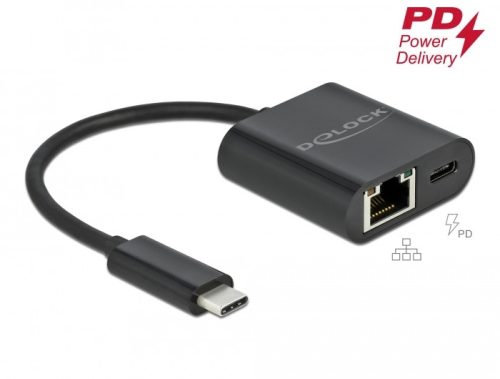 Delock USB Type-C  adapter Power Delivery porttal Gigabit LAN 10/100/1000 Mbps fekete