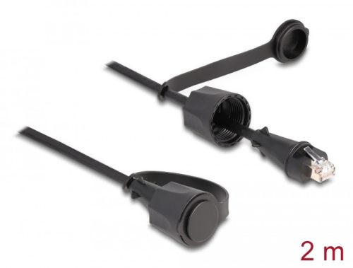 Delock hálózati kábel RJ45 csatlakozó RJ45 dugóhoz Cat.6 STP védőkupakkal kültéri IP68 por- és vízálló fekete 2 m