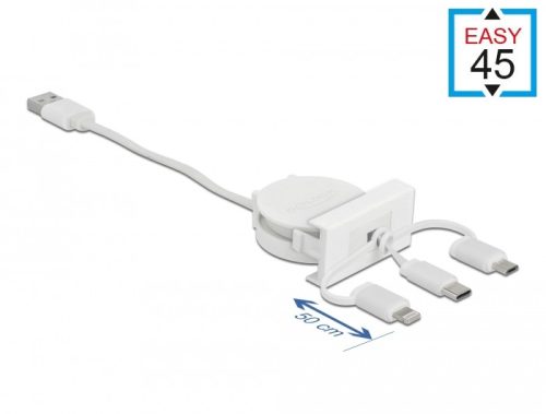 Delock Easy 45 modulos USB 2.0 3 az 1-ben behúzható kábel, A-típusú USB - USB-C , Micro USB és light