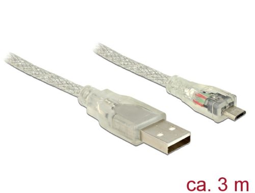 Delock USB 2.0-s kábel A-típusú csatlakozódugóval > USB 2.0 Micro-B csatlakozódugóval, 3 m, áttetsző