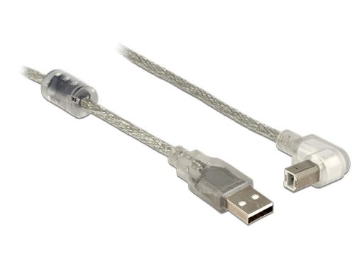 Delock USB 2.0-s kábel A-típusú dugó > USB 2.0 B-típusú dugó derékszögű 0,5 m áttetsző