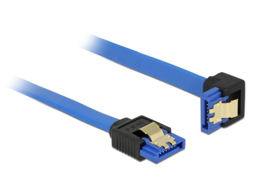 Delock SATA-kábel, 6 Gb/s, hüvely, egyenes > SATA hüvely, lefelé ívelt, 30 cm, kék aranyszínu kapcso