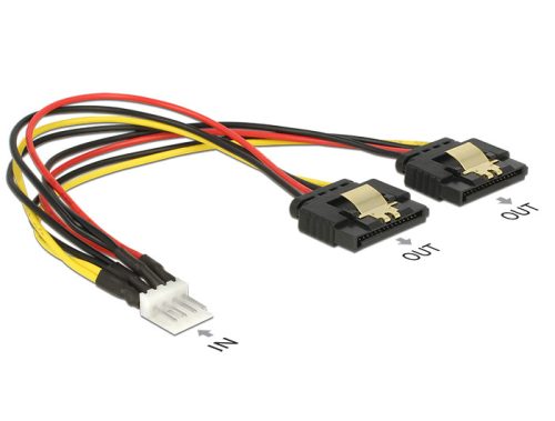 Delock Tápkábel, 4 tus Floppy-csatlakozódugó > 2 x 15 tus SATA-csatlakozóhüvely, fém, 20 cm