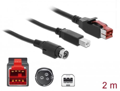 Delock PoweredUSB kábel apa 24 V > B-típusú USB apa + Hosiden Mini-DIN 3 tűs apa 2 m, POS nyomtatókh