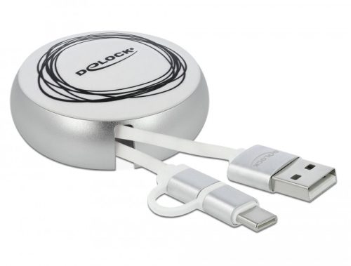 Delock USB 2.0 2 az 1-ben behúzható kábel A-típusú   Micro-B és USB-C  fehér / ezüst