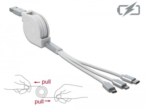 Delock 3 az 1-ben visszahúzható fehér USB töltokábel 8 tus- / Micro-USB- / USB Type-C  végzodéssel