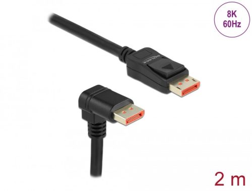 Delock DisplayPort kábel egyenes csatlakozódugóval - csatlakozódugóval 90  ívelt lefelé 8K 60 Hz 2 m