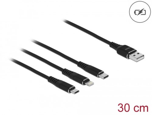 Delock 30 cm hosszú, USB töltő kábel 3 az 1-ben Lightning -, Micro USB- és USB Type-C  csatlakozásho