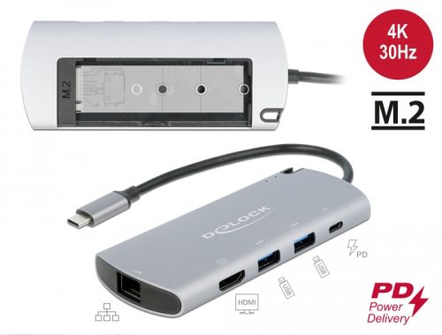 Delock USB Type-C  dokkoló állomás M.2 nyílással - 4K HDMI / USB / LAN / PD 3.0