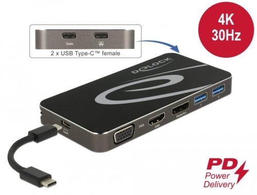 Delock USB Type-C  3.2 dokkolóállomás 4K HDMI DP / 1080p VGA, USB Hub és PD 3.0