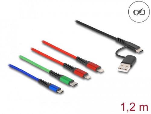 Delock 1,20 m hosszú, USB töltő kábel 4 az 1 A-típusú USB + USB-C apa 2 x Lightning-, Micro USB- és USB Type-C csatlakoz