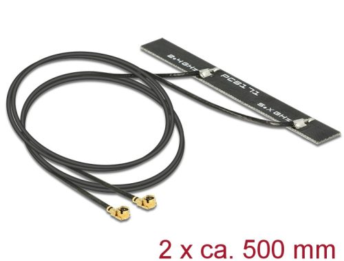 Delock WLAN 802.11 ac/a/h/b/g/n ikerantenna, 2 x MHF csatlakozódugó, 5 dBi, 500 mm-es NYÁK-lap, bels