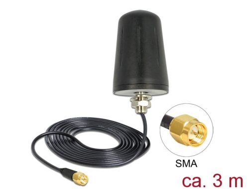 Delock LoRa antenna 868 MHz SMA dugó 0 dBi minden irányú (RG-174, 3 m) tetőre szerelhető fekete