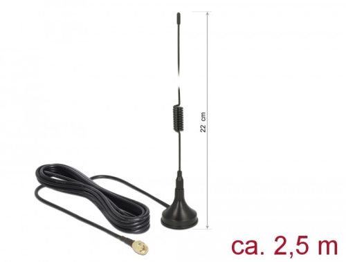 Delock LTE antenna SMA-dugó 2 dBi irányítatlan, rögzített, csatlakozókábellel RG-174 2,5 m, kültéri